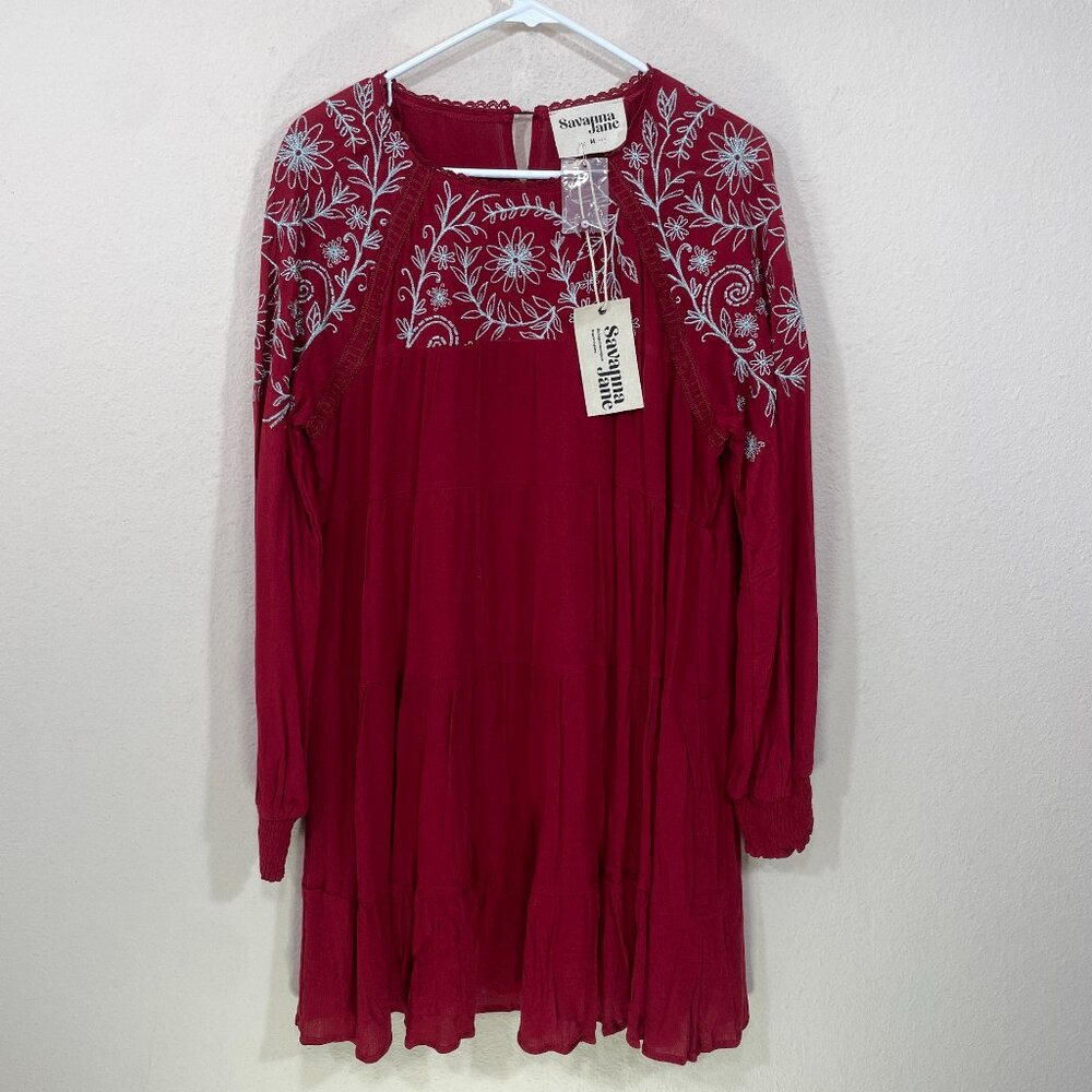 NWT Savanna Jane Size M Embroidered Long‎ Sleeve Dark Red Dress Long Sleeve NEW
